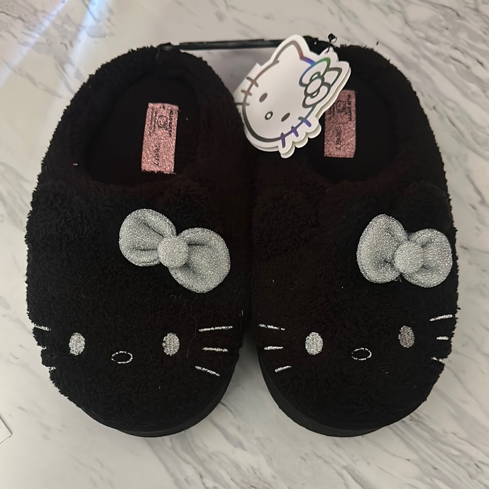 Hello Kitty Black Slippers with Silver Bow